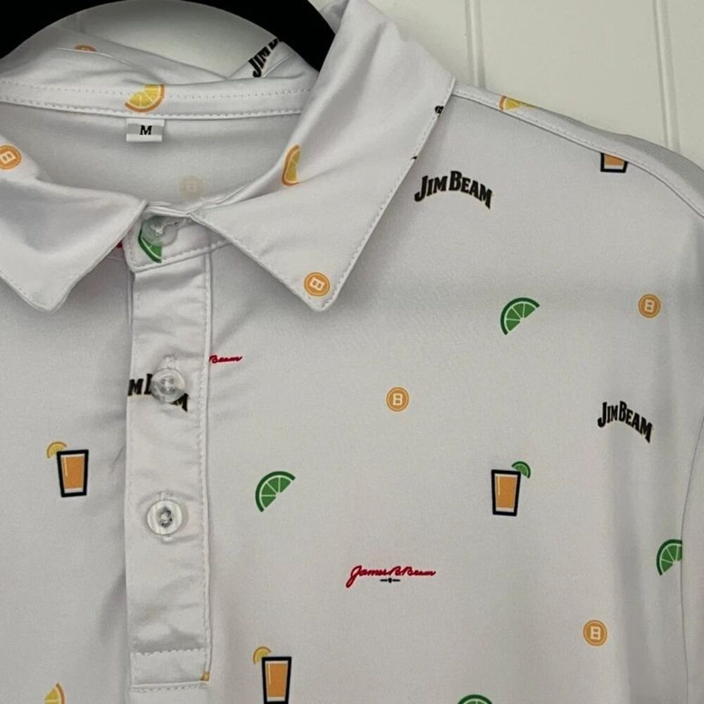 Jim Beam Men’s M White Golf Polo All Over Cocktail Print Lime Lemon Stretch